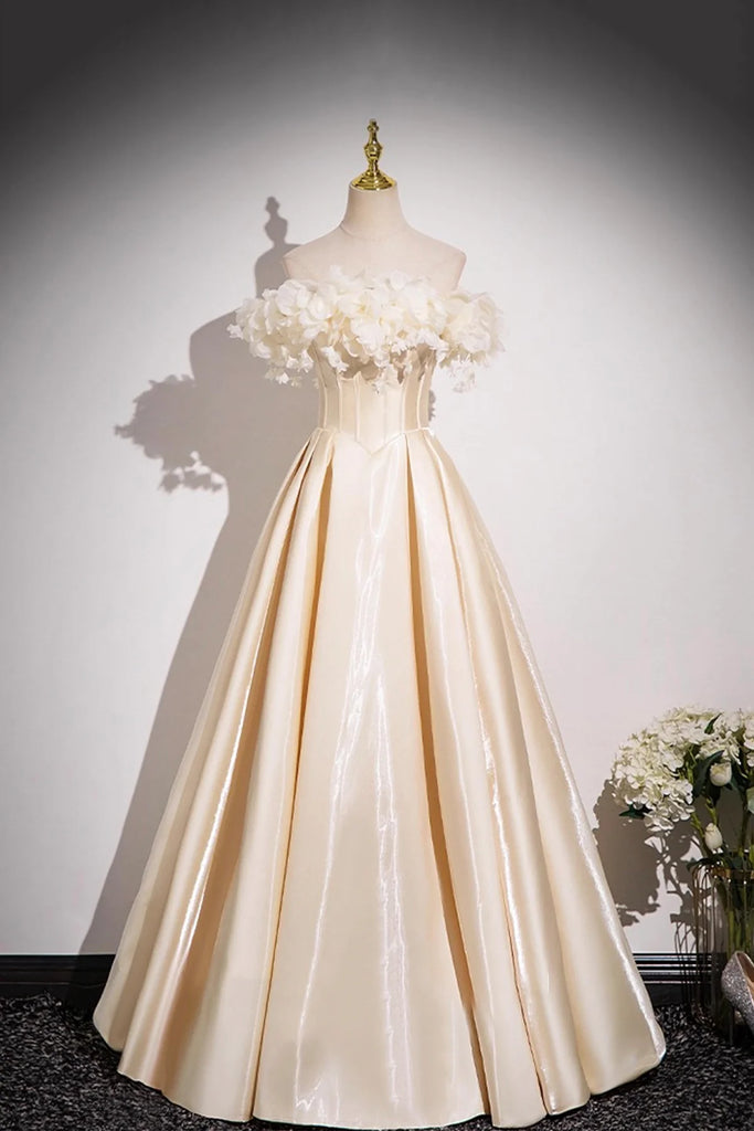 Champagne Satin Flowers Long Prom Dress, Off the Shoulder A-Line Party Dress US 2 / Champagne Champagne Satin Flowers Long Prom Dress, Off the Shoulder A-Line Party Dress US 2 / Champagne