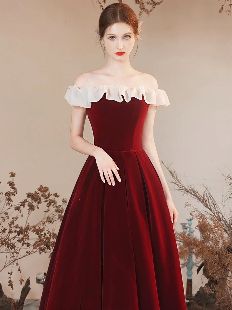 red velvet off the shoulder prom dress Off the Shoulder Burgundy Velvet Party Dress, Burgundy Floor Length Evening Party Dress US 12 / Burgundy