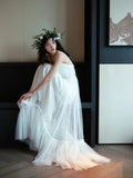 Long A-Line Boho Simple White Tulle Wedding Dress