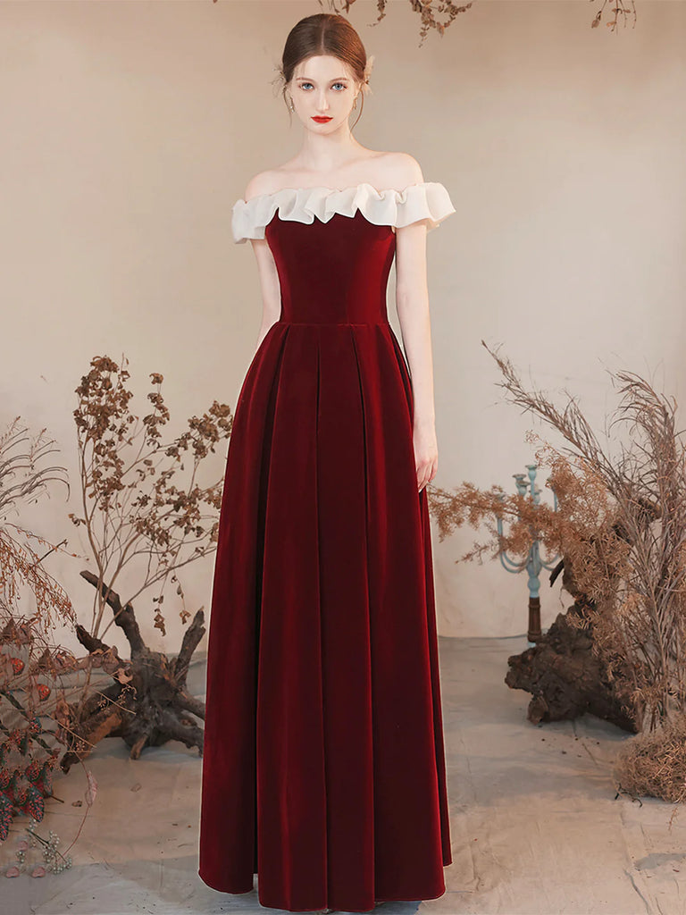 Off the Shoulder Burgundy Velvet Party Dress, Burgundy Floor Length Evening Party Dress US 12 / Burgundy Off the Shoulder Burgundy Velvet Party Dress, Burgundy Floor Length Evening Party Dress US 12 / Burgundy