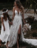 Deep V Neck Lace Appliques Wedding Dress