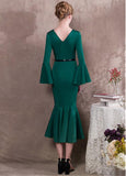 Satin V-neck Green Hi-lo Mermaid Formal Dress With Belt