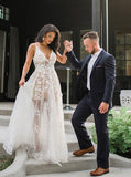 White Lace Scoop Sweep Train Wedding Dress with Appliques