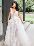 White Lace Scoop Sweep Train Wedding Dress with Appliques
