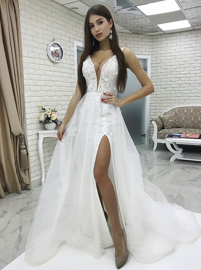 Detachable Train White Lace Sheath V-Neck Low Cut Wedding Dress with Split Custom Made / White Detachable Train White Lace Sheath V-Neck Low Cut Wedding Dress with Split Custom Made / White