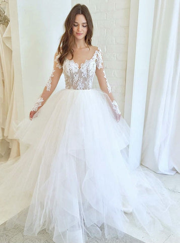 Asymmetric Train Tulle Illusion Round Neck Wedding Dress with Appliques