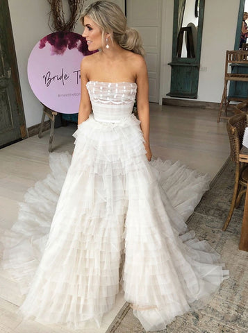 Tiered Tulle A-Line Strapless Wedding Dress with Belt