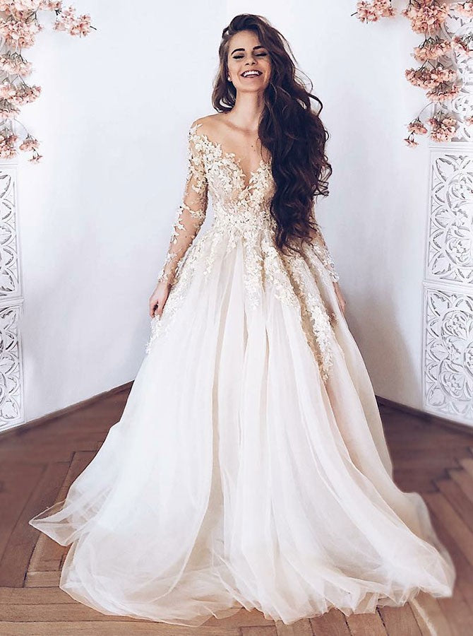 Light Champagne Tulle A-Line Illusion Long Sleeves Wedding Dress