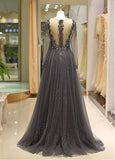 Tulle V-neck Long Sleeve A-line Evening Dress With Beadings
