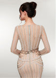 Gold Beading V Neck Long Sleeve Mermaid Prom Dress
