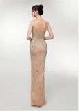 Champagne Jewel Beading Long Slit Mermaid Prom Dress