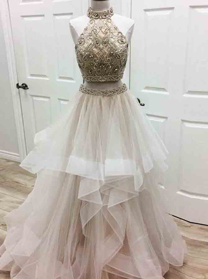 Two Piece Halter Asymmetrical Rhinestones Ivory Tulle Prom Dress US14 / Pink Two Piece Halter Asymmetrical Rhinestones Ivory Tulle Prom Dress US14 / Pink