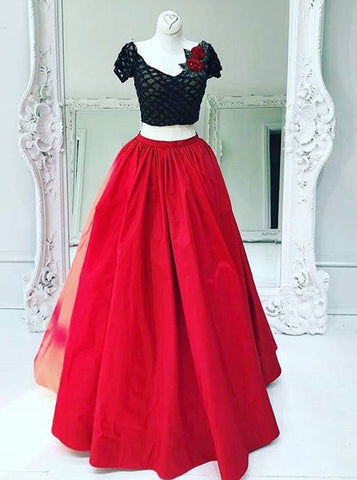 Flower Short Sleeves Two Piece V-Neck Red Taffeta Prom Dress
