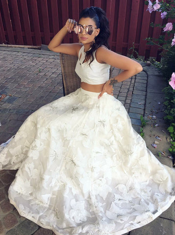 Floral Two Piece Long Keyhole White Lace Prom Dress