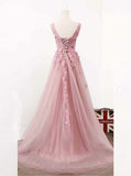 Appliques Beading V-Neck Pink Tulle Prom Dress