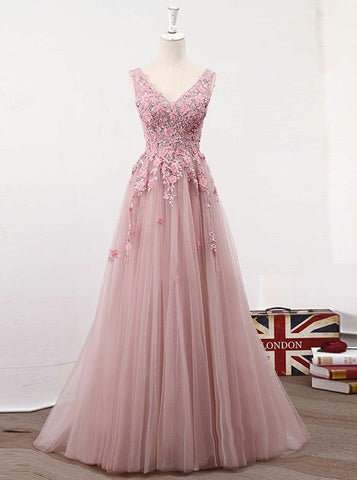 Appliques Beading V-Neck Pink Tulle Prom Dress