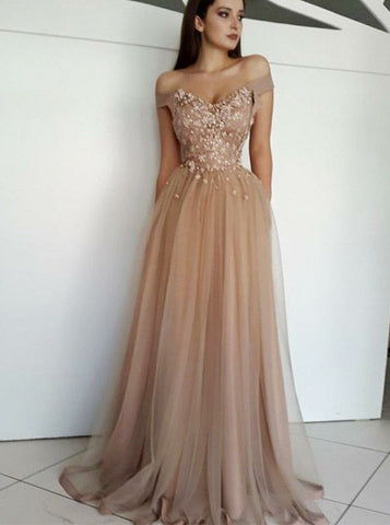 Beading Off Shoulder Champagne Prom Evening Dress