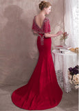 Satin V-neck Burgundy Mermaid Evening Dress With Beadings