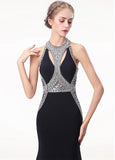 Halter Black Satin Mermaid Keyhole Evening Prom Dress With Beadings