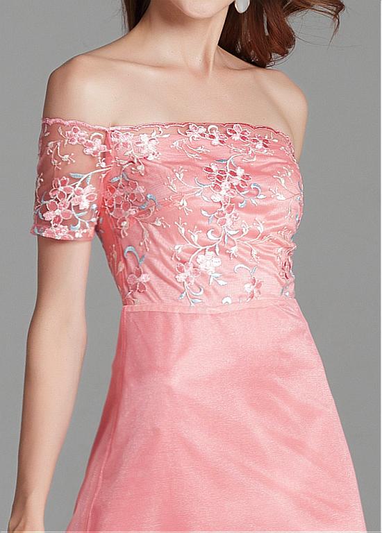 Pink Off The Shoulder Tulle Appliques Ball Gown ,Pretty A Line Formal Prom Dress Y8374 main image 1
