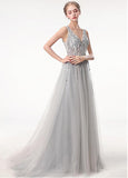 Tulle V-neck Gray Beading Backless A-line Prom Dress With Beadings