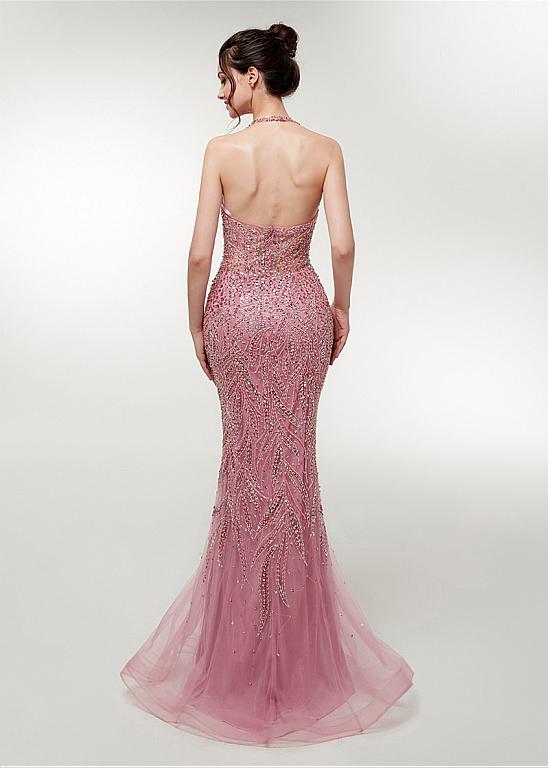 Pink Floor-Length Tulle Halter Prom Dresses with Beading main image 1
