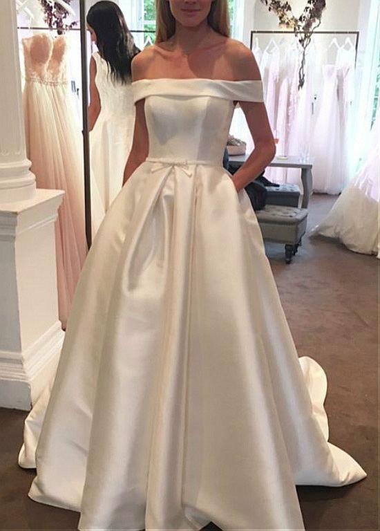 Satin Off-the-shoulder A-line Wedding Dresses With Pockets Sassymyprom Satin Off-the-shoulder A-line Wedding Dresses With Pockets Sassymyprom