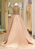 Satin Jewel Beading Long Pink A-line Prom Dress