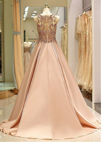 Satin Jewel Beading Long Pink A-line Prom Dress