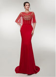 Spandex Jewel Red Half Sleeves Mermaid Evening Dress