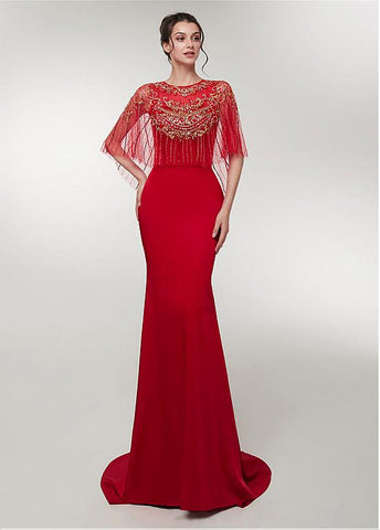 Spandex Jewel Red Half Sleeves Mermaid Evening Dress
