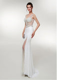 Slit Tulle V-neck White Long Mermaid Prom Dress