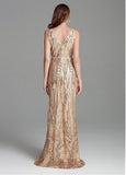 Sequin Lace V-neck Gold Embroidery Mermaid Prom Dress