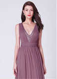 Tulle V-neck Pink A-line Evening Dress