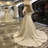 White Satin Long Sleeve Bateau Button Back Sweep Train Wedding Dress