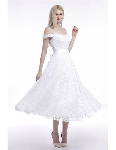 Lace Tea Length A Line Off The Shoulder Wedding Dress With Belt