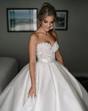 Appliques Sweep Train Satin Beading Ball Gown Wedding Dress
