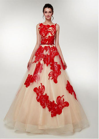 Tulle Bateau Beading Red Long A-line Prom Dress