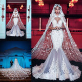 Lace Mermaid Beads Straps Appliques Wedding Dress with Court Train