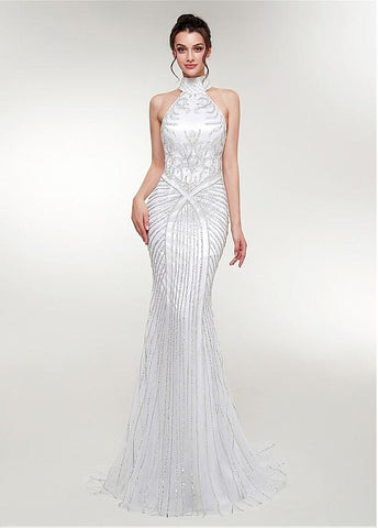 Tulle High Collar White Long Mermaid Evening Dress