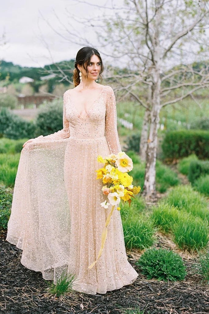 Glittering Sequins Beads Outdoor Wedding Dress Long Sleeves - 2 Glittering Sequins Beads Outdoor Wedding Dress Long Sleeves - 2