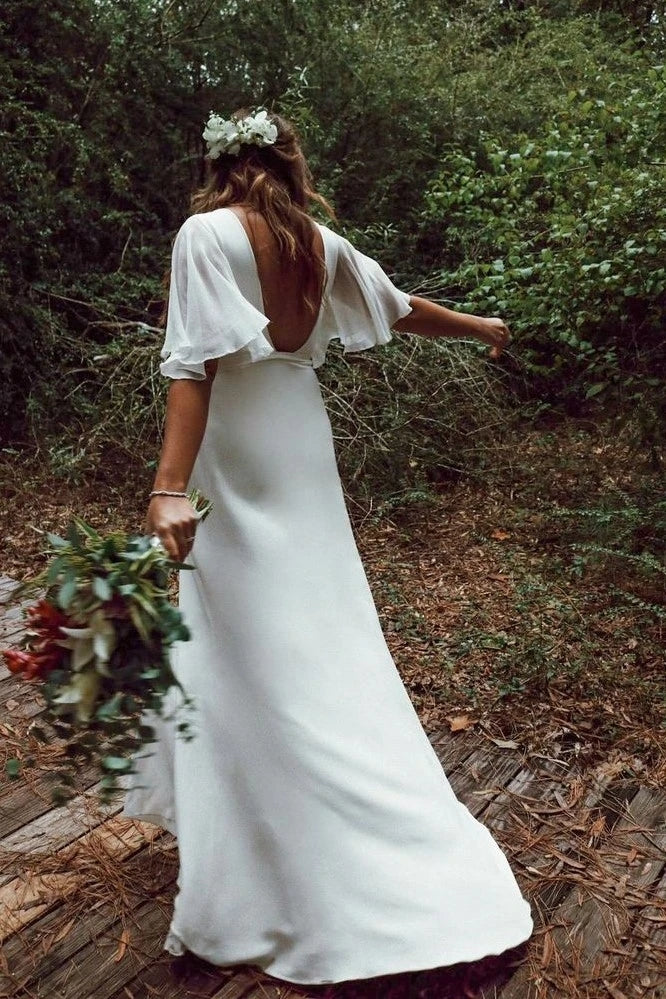 Asmmetrical Neck Cap Sleeves Sheath Chiffon Boho Beach Wedding Dress