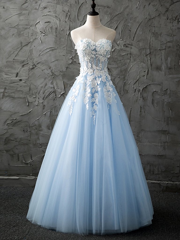 Appliques White Lace Strapless Sweetheart Light Blue Prom Dress Sassymyprom Appliques White Lace Strapless Sweetheart Light Blue Prom Dress Sassymyprom