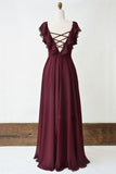 Burgundy Cross Back A Line Chiffon Long Prom Dress