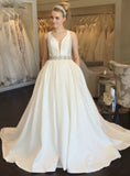 White Satin Deep V-neck Backless Beading Wedding Dress