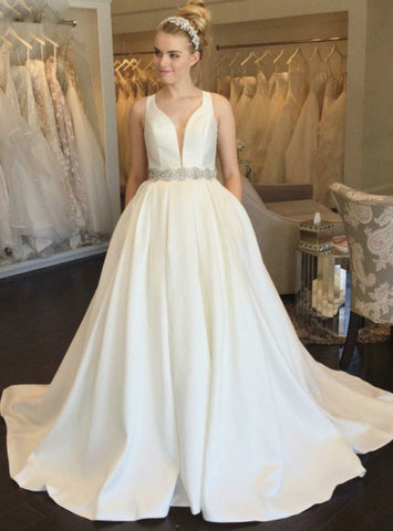 White Satin Deep V-neck Backless Beading Wedding Dress