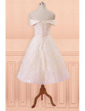 Champagne Lace Off Shoulder Tea Length Wedding Dress with Sash