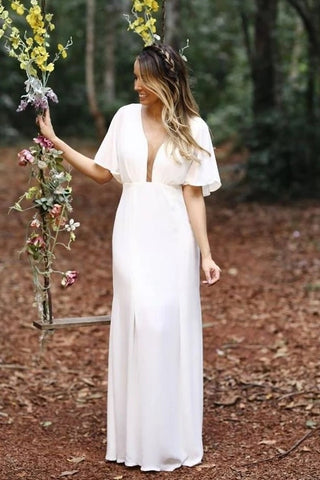 Boho Beach Spandex Sheath Column Caps Sleeve Plunging Wedding Dress