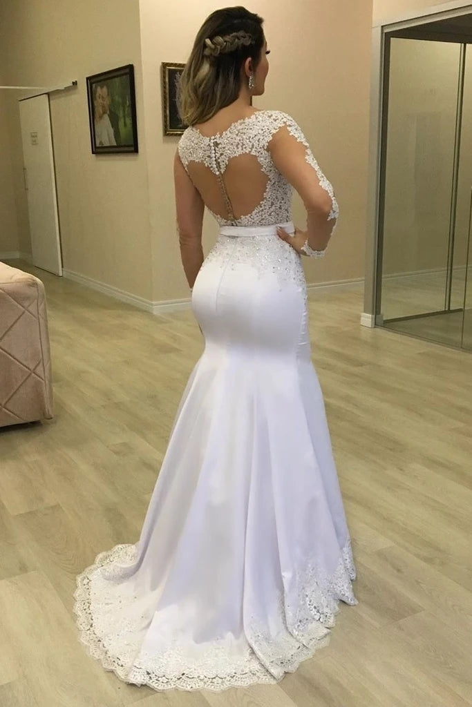 2021 Illusion Long Sleeves Lace Mermaid Fit & Flare Satin Wedding Dress Custom Made / As the picture 2021 Illusion Long Sleeves Lace Mermaid Fit & Flare Satin Wedding Dress Custom Made / As the picture
