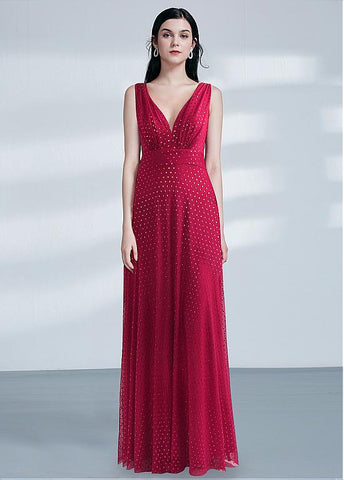 Floral Cloth V-neck Red Long A-line Evening Dress